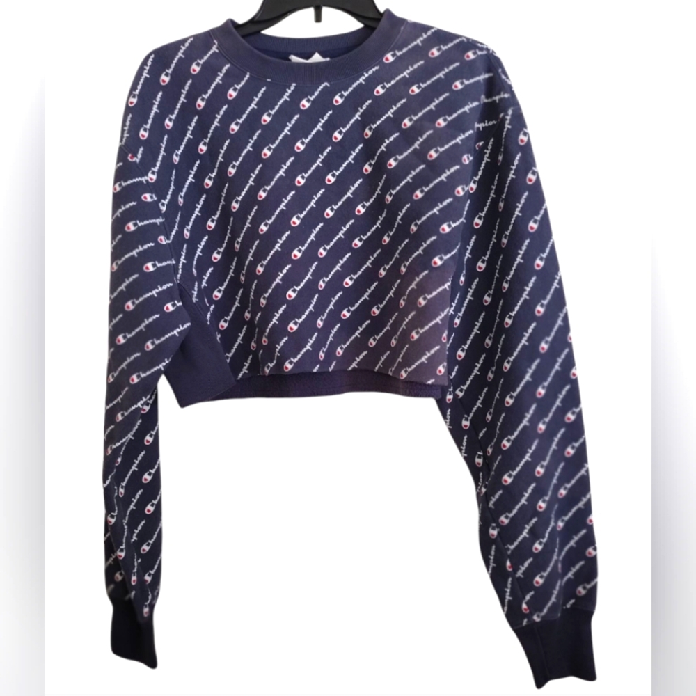 Champion Navy Logo Print Cropped Sweatshirt Size Small